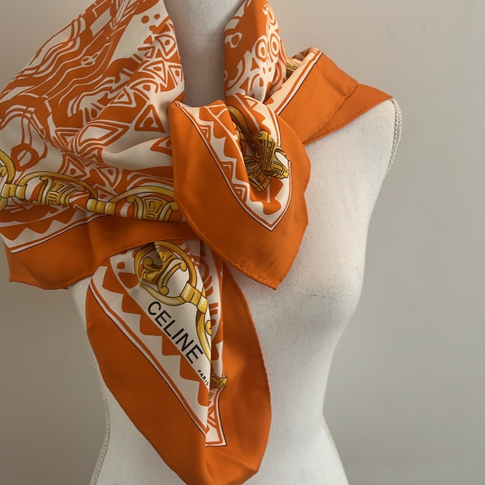 Celine Elegant Orange Silk Scarf  34”x34”